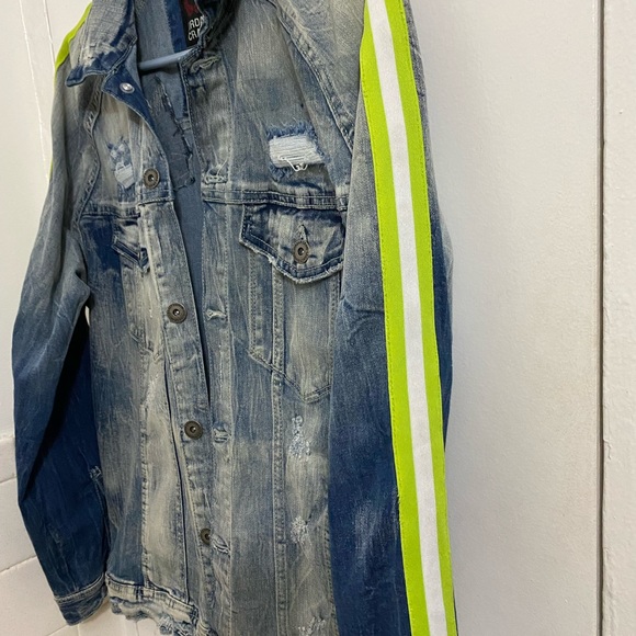 Jordan Craig Legacy Edition Men Large Distressed Jean Jacket Neon Sleeves - Picture 7 of 9